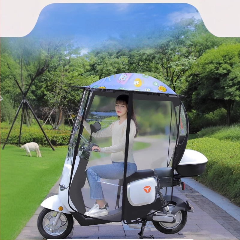 Slnečník s plnou ochranou pre elektrické bicykle (polyesterové plátno 210T, vlákna žebra, zliatinová tyč, UV ochrana PA+)