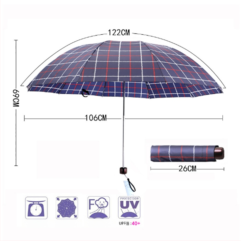Paradise dáždnik: trojskladaný kockovaný vzor, 10 oceľových lúčov, látka z polyesteru 210T, ručné otváranie, UPF >40