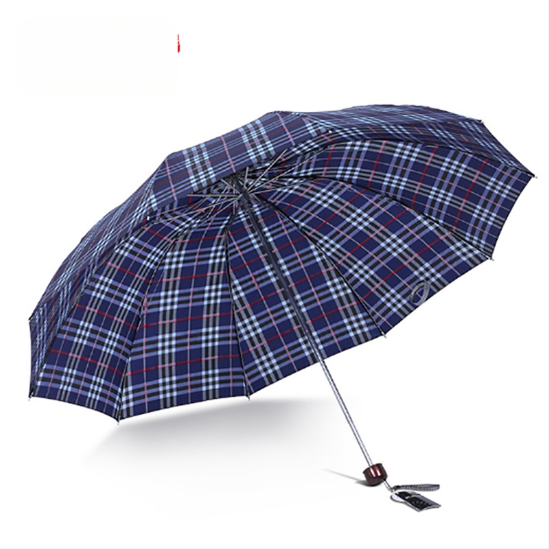 Paradise dáždnik: trojskladaný kockovaný vzor, 10 oceľových lúčov, látka z polyesteru 210T, ručné otváranie, UPF >40