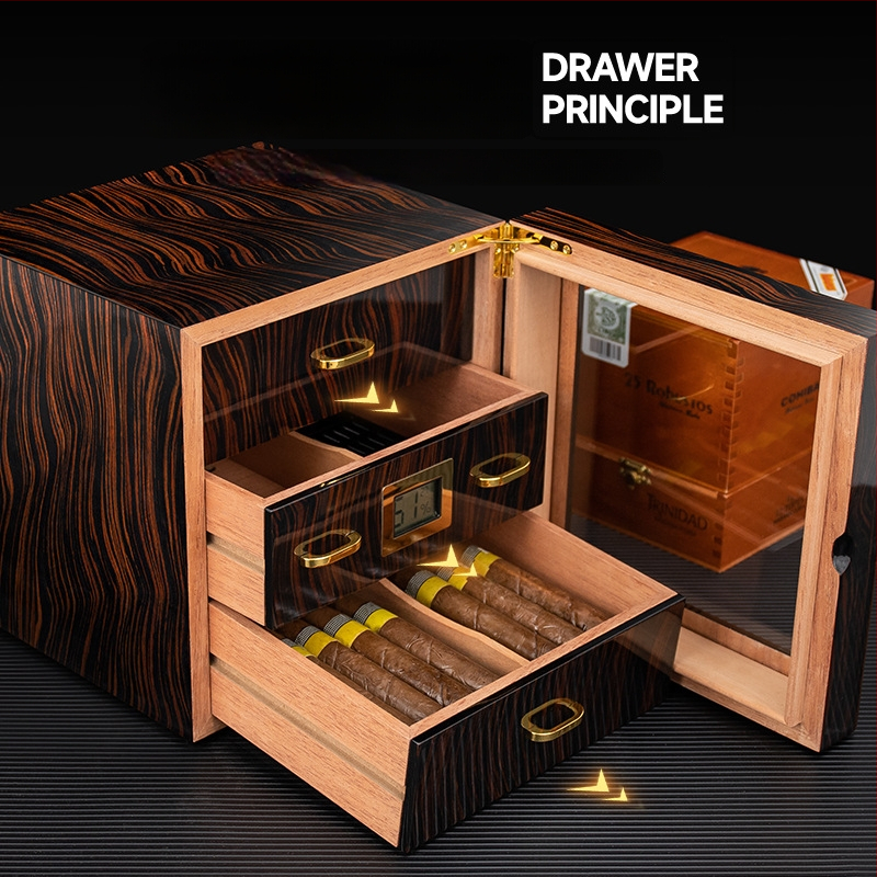HANNICOOK skriňa na cigarety, z dreva cedru, tri úrovne, priehľadné okienko a vysoký lesklý povrch