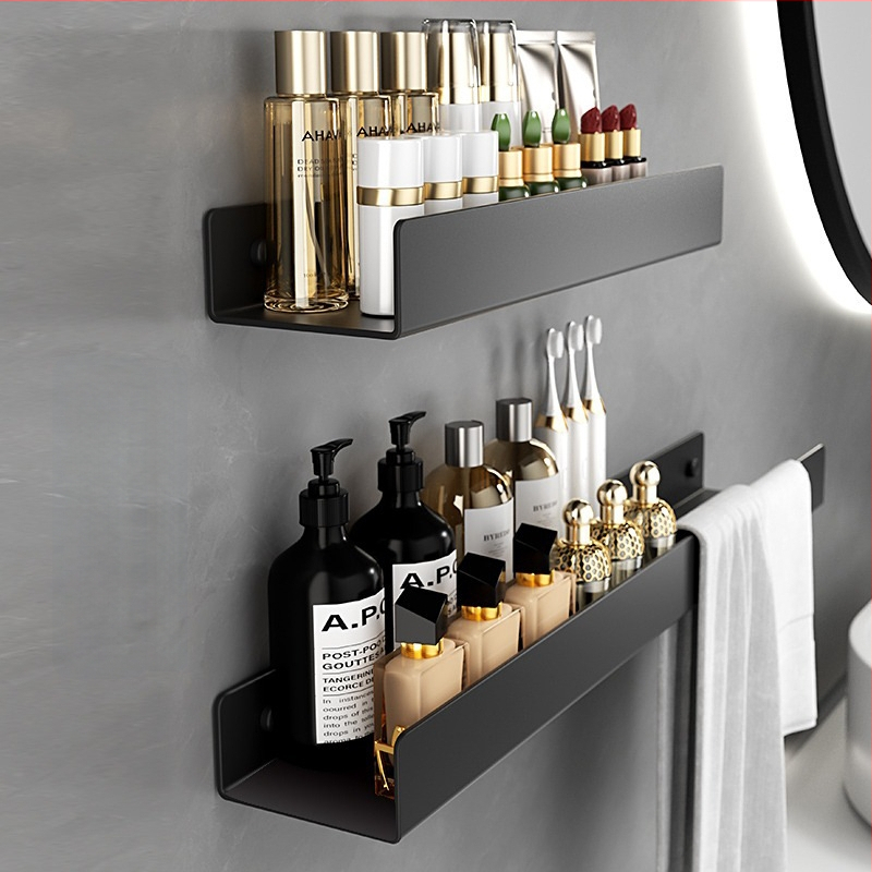 Kúpeľňový nástenný regál s integrovaným zrkadlom a vešiakom na uteráky, hliníková zliatina, povrchová úprava postrekovaním, nosnosť 15 kg, jednoposchodový dizajn, montáž bez vŕtania