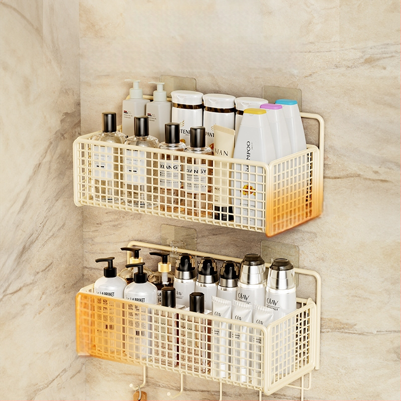 Nástenný regál na skladovanie s visiacim košíkom, bez vŕtania, 1 úroveň, povrchová úprava pečená farba, moderný minimalistický štýl