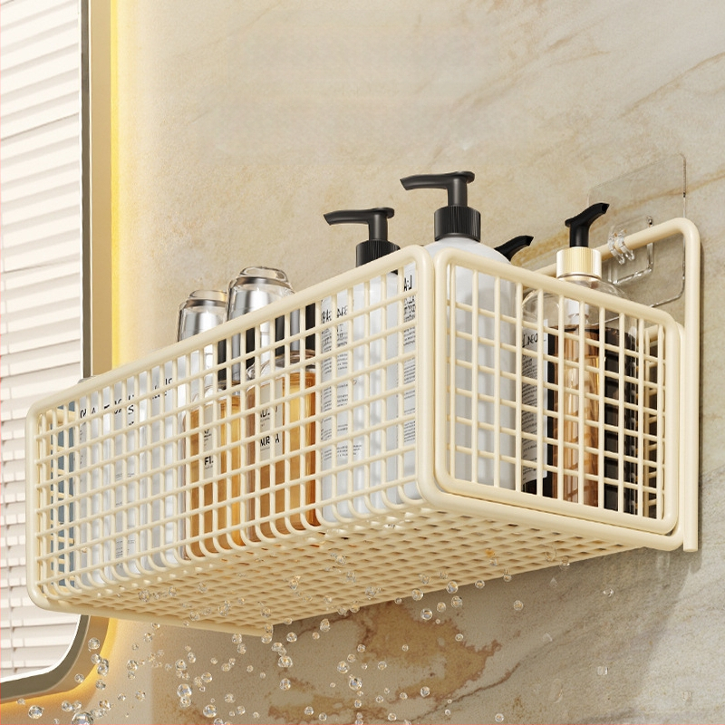 Nástenný regál na skladovanie s visiacim košíkom, bez vŕtania, 1 úroveň, povrchová úprava pečená farba, moderný minimalistický štýl