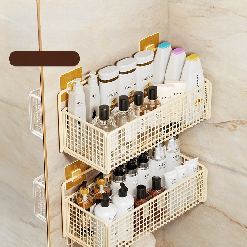 Nástenný regál na skladovanie s visiacim košíkom, bez vŕtania, 1 úroveň, povrchová úprava pečená farba, moderný minimalistický štýl