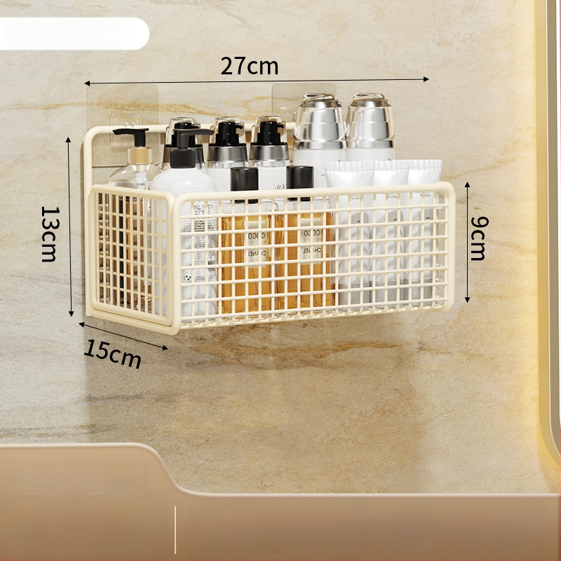 Nástenný regál na skladovanie s visiacim košíkom, bez vŕtania, 1 úroveň, povrchová úprava pečená farba, moderný minimalistický štýl