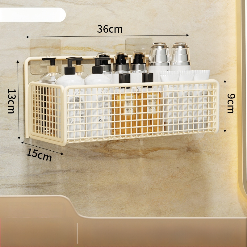 Nástenný regál na skladovanie s visiacim košíkom, bez vŕtania, 1 úroveň, povrchová úprava pečená farba, moderný minimalistický štýl