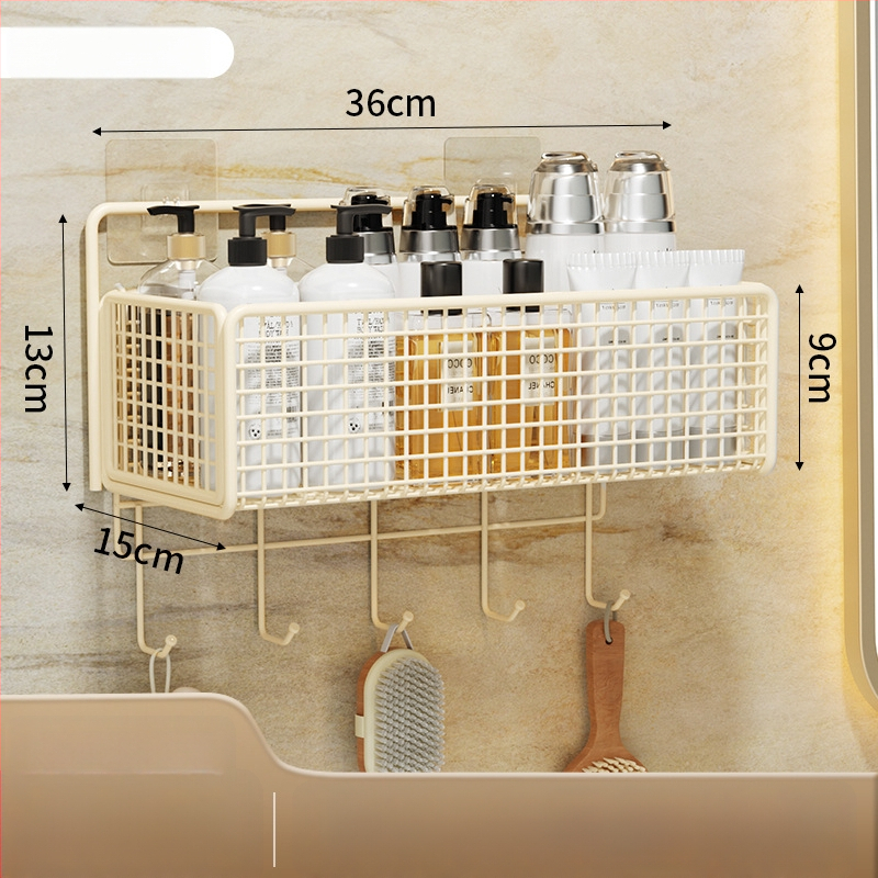 Nástenný regál na skladovanie s visiacim košíkom, bez vŕtania, 1 úroveň, povrchová úprava pečená farba, moderný minimalistický štýl