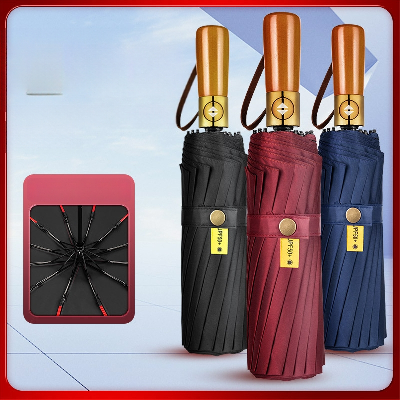 Skladaný dáždnik s drevenou rukoväťou, 24 výstuží, automatické otvorenie a zatvorenie, možnosť potlače loga, UV ochrana UPF50+