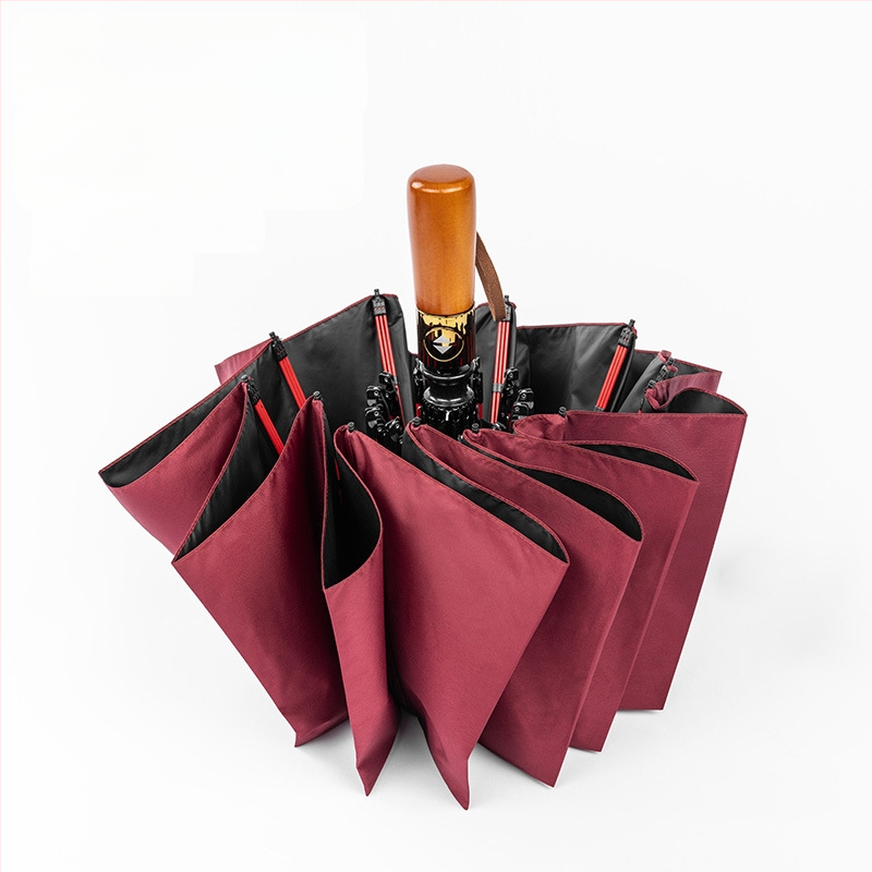 Skladaný dáždnik s drevenou rukoväťou, 24 výstuží, automatické otvorenie a zatvorenie, možnosť potlače loga, UV ochrana UPF50+