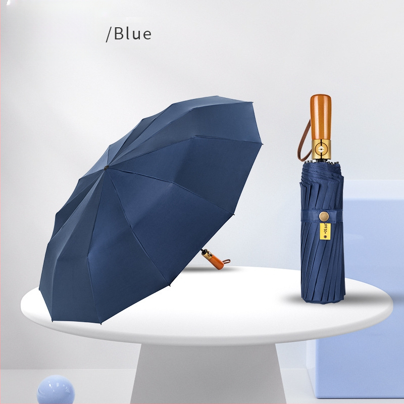 Skladaný dáždnik s drevenou rukoväťou, 24 výstuží, automatické otvorenie a zatvorenie, možnosť potlače loga, UV ochrana UPF50+