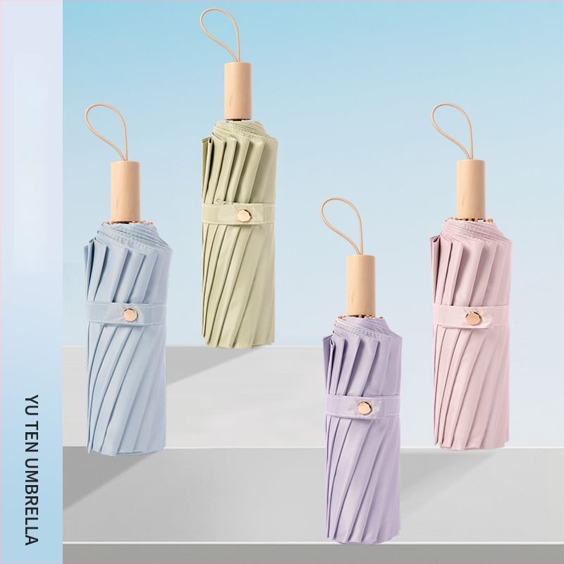 Retro skladací dáždnik so 16 kosťami, 190T polyester, hriadeľ zliatina, rukoväť z masívneho dreva, UV ochrana UPF>50