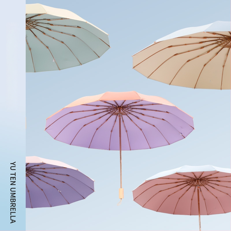 Retro skladací dáždnik so 16 kosťami, 190T polyester, hriadeľ zliatina, rukoväť z masívneho dreva, UV ochrana UPF>50