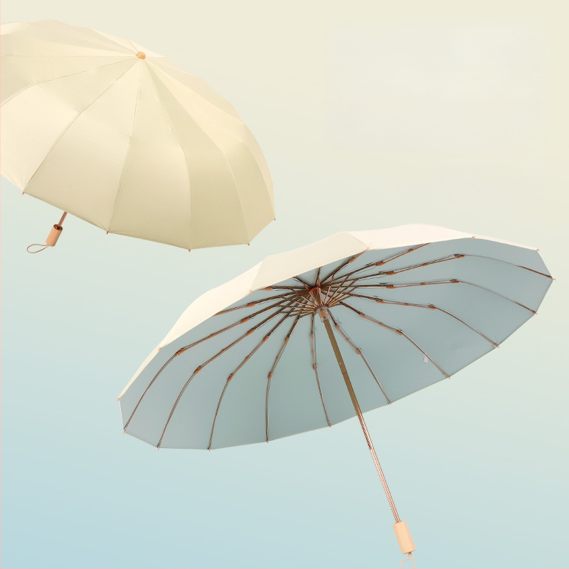 Retro skladací dáždnik so 16 kosťami, 190T polyester, hriadeľ zliatina, rukoväť z masívneho dreva, UV ochrana UPF>50