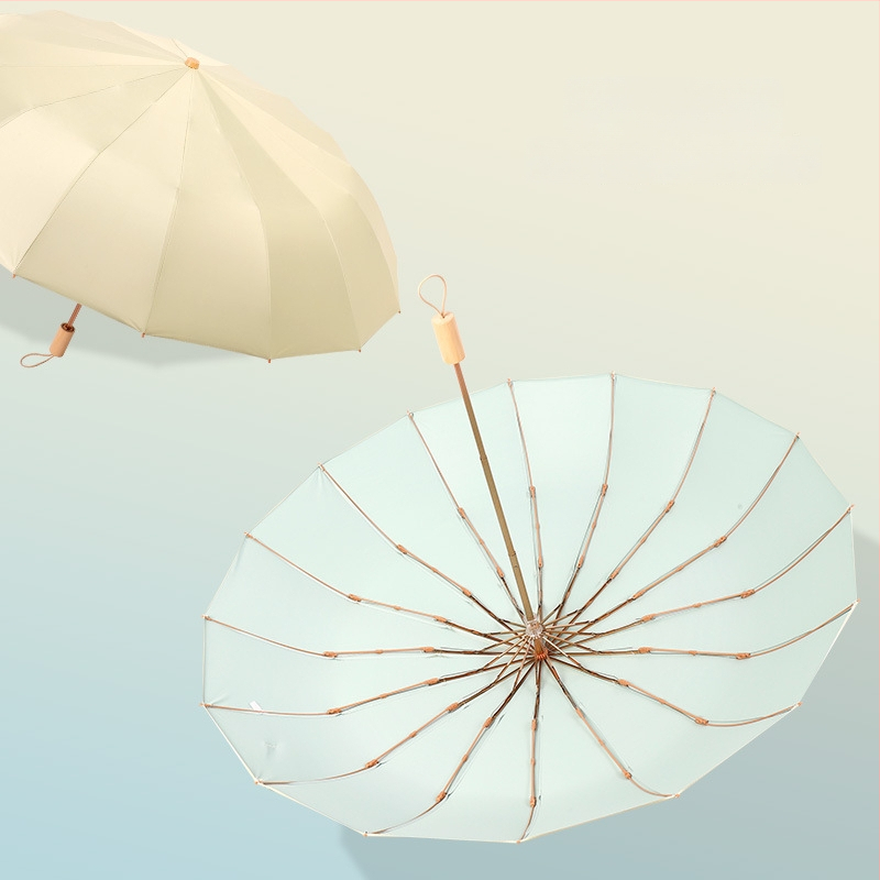 Retro skladací dáždnik so 16 kosťami, 190T polyester, hriadeľ zliatina, rukoväť z masívneho dreva, UV ochrana UPF>50