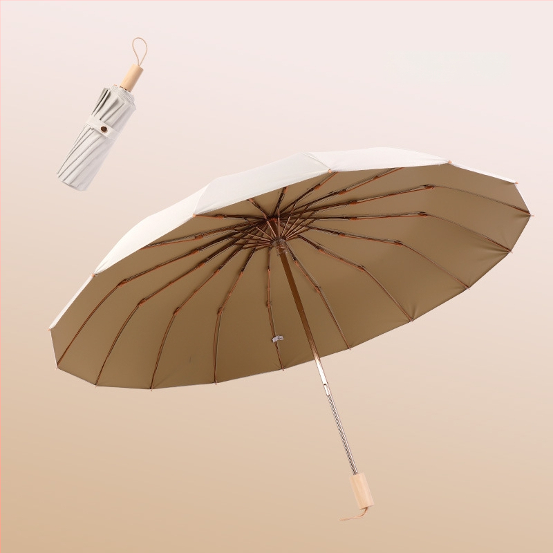 Retro skladací dáždnik so 16 kosťami, 190T polyester, hriadeľ zliatina, rukoväť z masívneho dreva, UV ochrana UPF>50