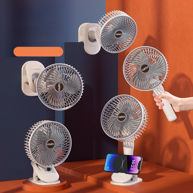 Klip USB ventilaator sisseehitatud akuga (300–500 mAh), 3 labad, brushless motor, 3 kiirust, kaasaskantav lau/seina ventilaator