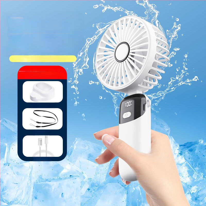 Käeshoitav kokkuvolditav mini ventilaator USB-ga, vaikne mootor, 4 labad, sisseehitatud LiPo aku 300–500 mAh, 6 kiirust