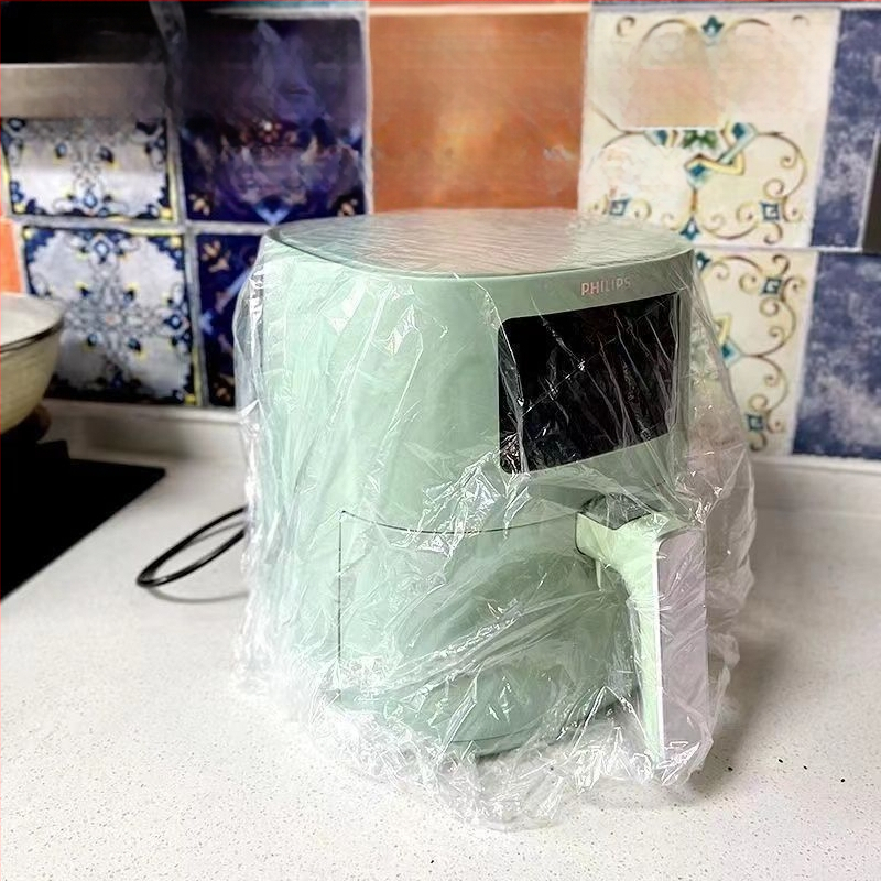 Jednorázový kryt proti prachu pre univerzálny typ kuchynskej fritézy, priehľadný materiál, elastický pás, dvojbalenie, odolný voči teplote -60°C až 140°C