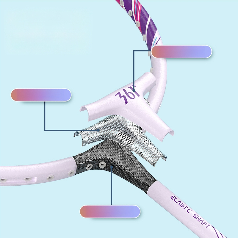 Bedmintonová raketa s rámom z železnej zliatiny, hmotnosť 95–100 g, nylonové struny, rovná rukoväť, úchyt G1