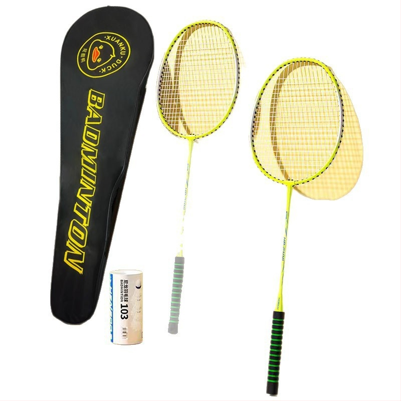 Bedmintonová raketa s rámom z železnej zliatiny, hmotnosť 95–100 g, nylonové struny, rovná rukoväť, úchyt G1