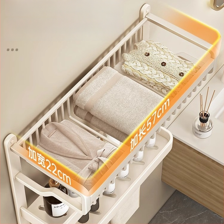 Jiayun hliníkový 3-podlažný bezvŕtový stojan na uteráky do kúpeľne s háčikmi a tyčou – nosnosť 10 kg, povrch s plastovým náterom, moderný ľahký luxusný štýl