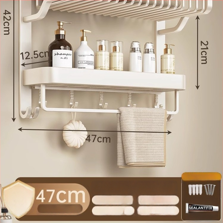 Jiayun hliníkový 3-podlažný bezvŕtový stojan na uteráky do kúpeľne s háčikmi a tyčou – nosnosť 10 kg, povrch s plastovým náterom, moderný ľahký luxusný štýl