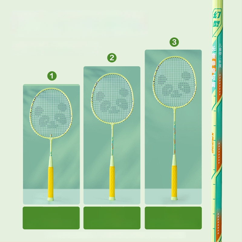 Bedmintonová raketa s teleskopickou reguláciou a deleným dizajnom, rám z železného zliatiny, dĺžka 665 mm, vlákna s vysokou elasticitou