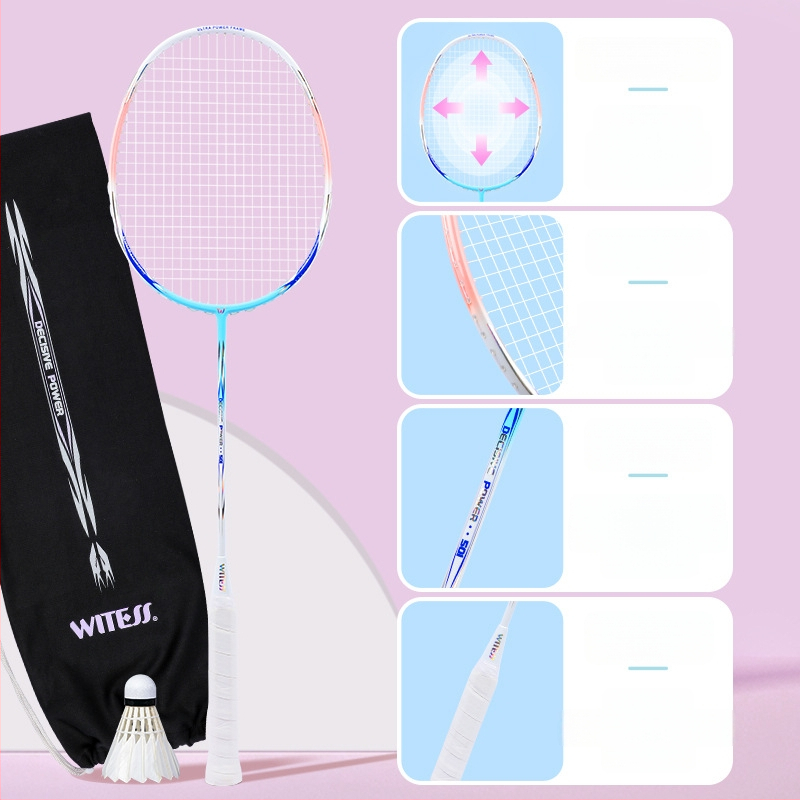 WITESS badmintonireket süsinikkiust raamiga, kaal 80–84 g, nailonist stringid, sirge telg, käepide G5, sobib badmintonile ja tennisile, treeninguks