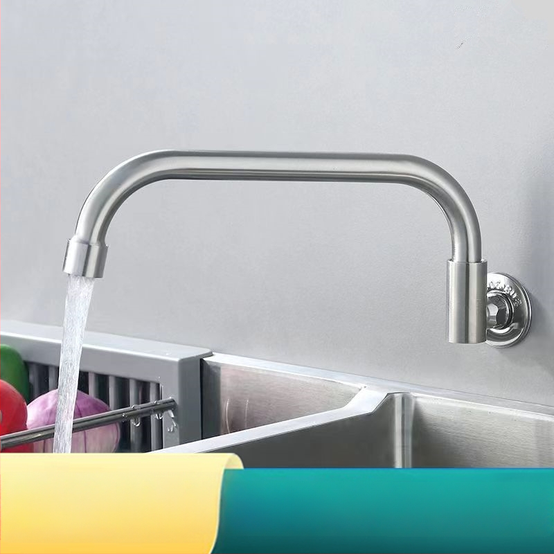 Nerezový kuchynský drezový kohút s inštaláciou do steny, otočný, len studená voda, keramický diskový ventil, brúsený povrch