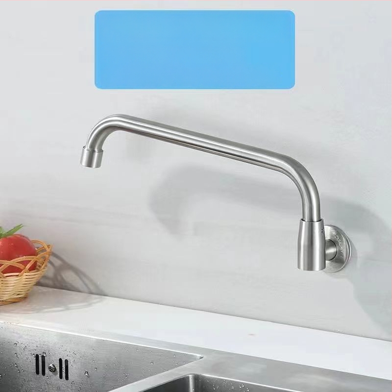 Nerezový kuchynský drezový kohút s inštaláciou do steny, otočný, len studená voda, keramický diskový ventil, brúsený povrch