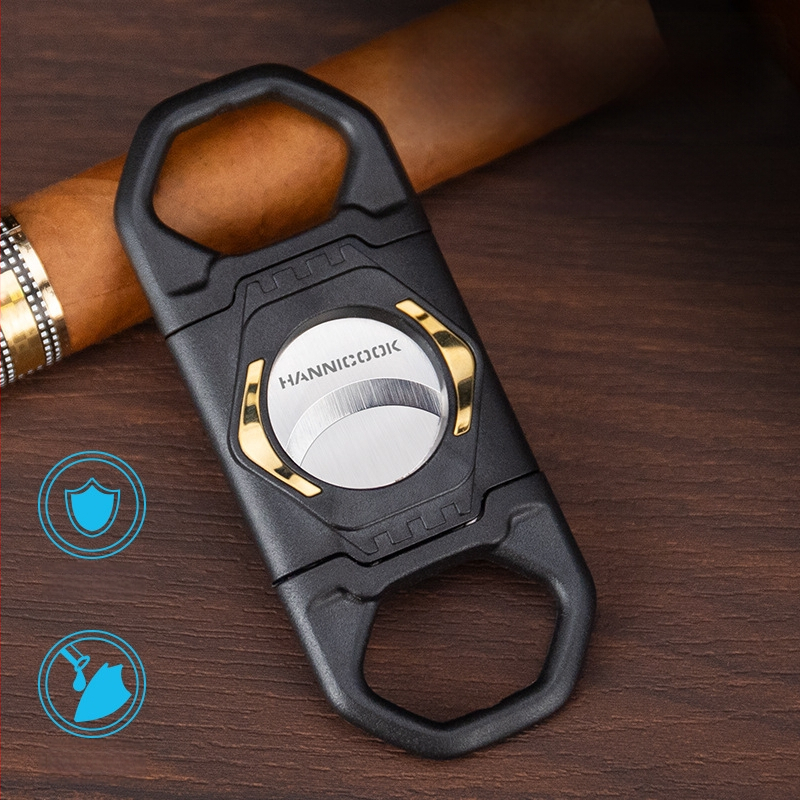 2-v-1 rezník na cigary s držiakom, ručná výroba, plast, laserové/elektroplatované povrch, značka HANNICOOK HCJ-017