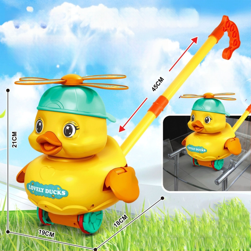 CL Hračkárska na tlačenie pre deti 0–3 rokov, kreslená kačka so zvukom – z plastu, rozvíja plazenie, uchopenie, zmysly a koordináciu ruka-oko