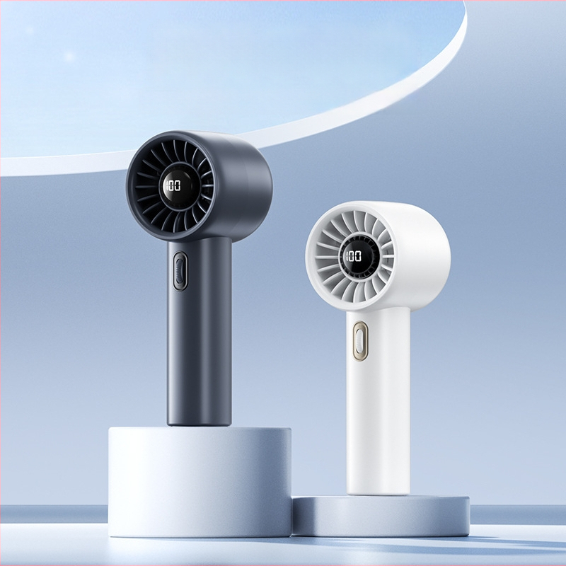 Ručný ventilátor s digitálnym displejom, bezkrokové nastavenie rýchlosti, vstavaná batéria a bezkomutátorový motor
