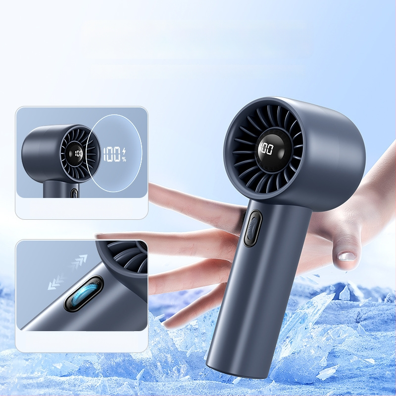 Ručný ventilátor s digitálnym displejom, bezkrokové nastavenie rýchlosti, vstavaná batéria a bezkomutátorový motor