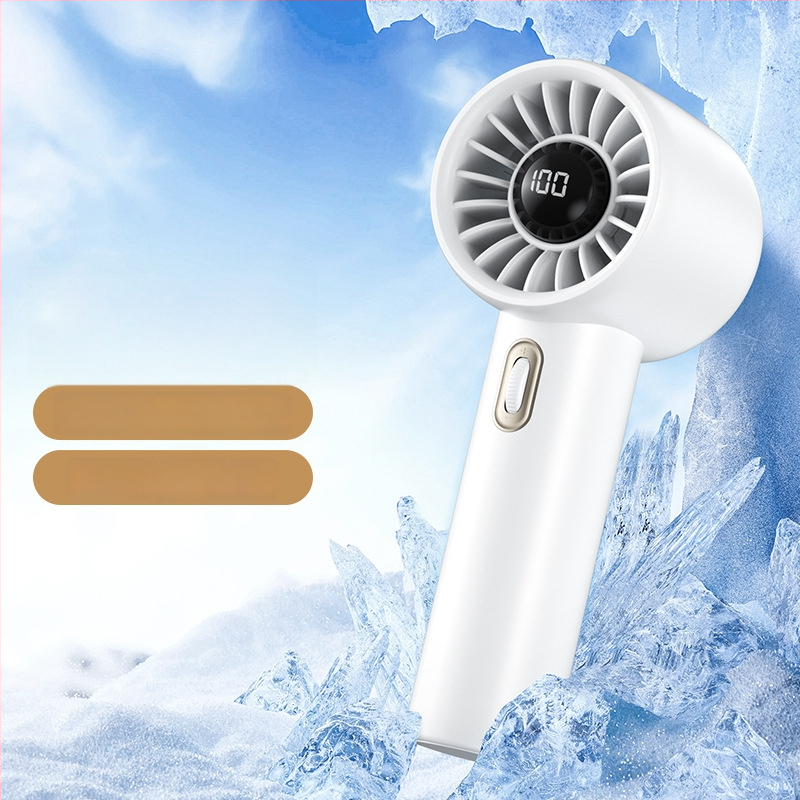 Ručný ventilátor s digitálnym displejom, bezkrokové nastavenie rýchlosti, vstavaná batéria a bezkomutátorový motor