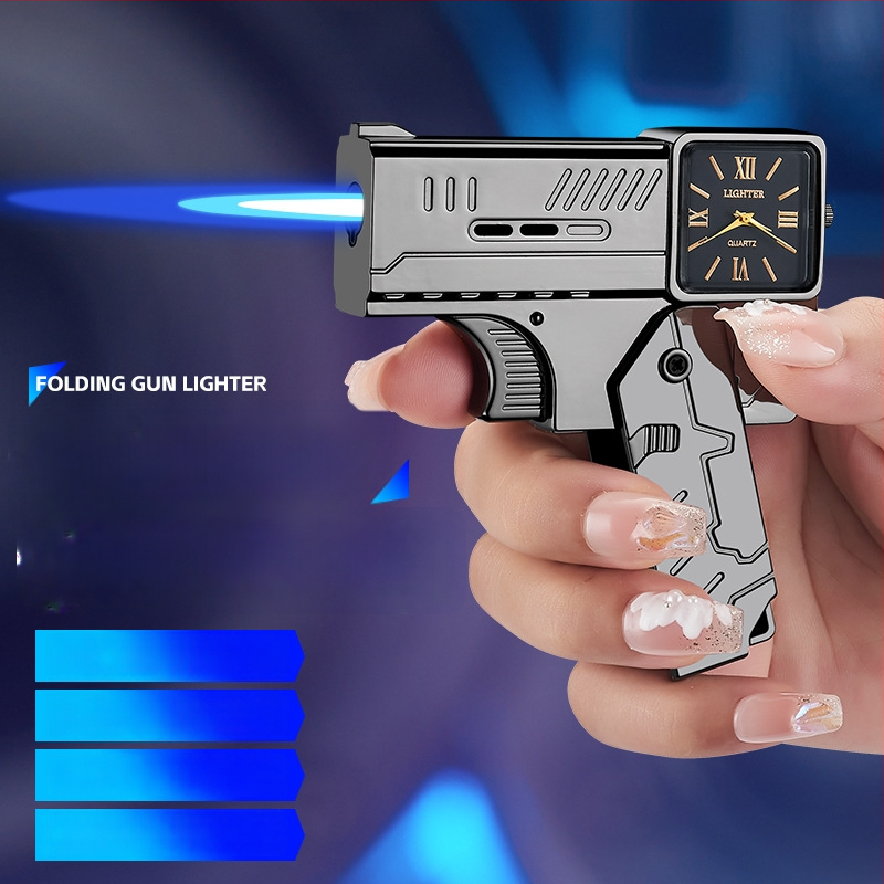 Kovový vetruodolný zapaľovač s dvojitým skladacím dizajnom, na bután, potlač loga