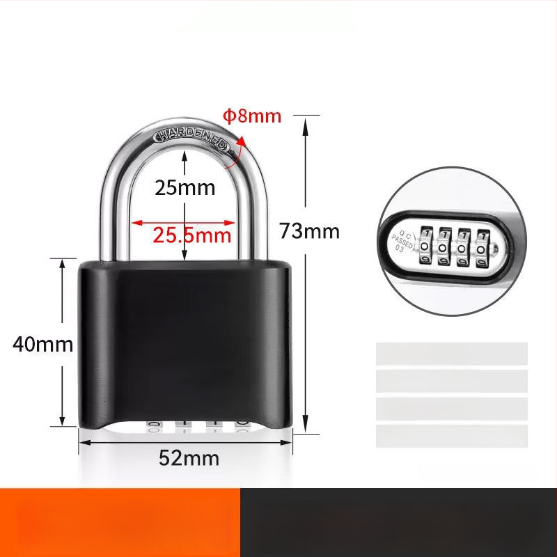 Kombinovaný zámok s digitálnym kódom, vodeodolný, zinková zliatina; hrúbka zámkovej tyčky 8 mm, rozstup tyčí 25,5 mm; vhodné pre batožinu, posilňovňu a skriňu.