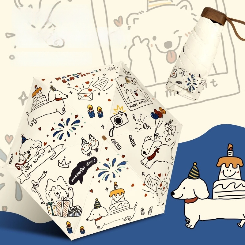 Slnečník s motívom mačka-pes, UPF50+ UV ochrana, dvojitá funkcia slnko a dážď, kompaktný vreckový, 5-dielna skladacia, polyester 190T