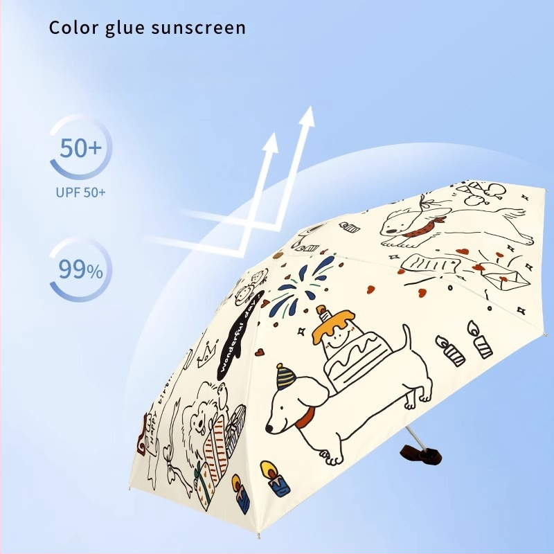 Slnečník s motívom mačka-pes, UPF50+ UV ochrana, dvojitá funkcia slnko a dážď, kompaktný vreckový, 5-dielna skladacia, polyester 190T