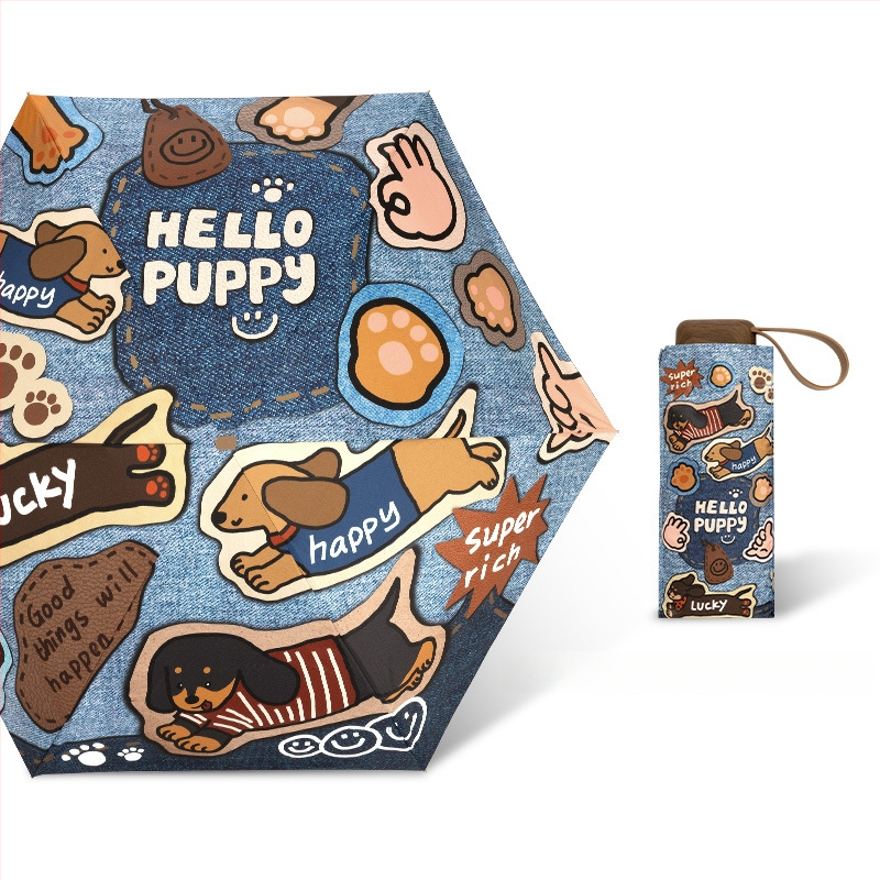 Slnečník s motívom mačka-pes, UPF50+ UV ochrana, dvojitá funkcia slnko a dážď, kompaktný vreckový, 5-dielna skladacia, polyester 190T