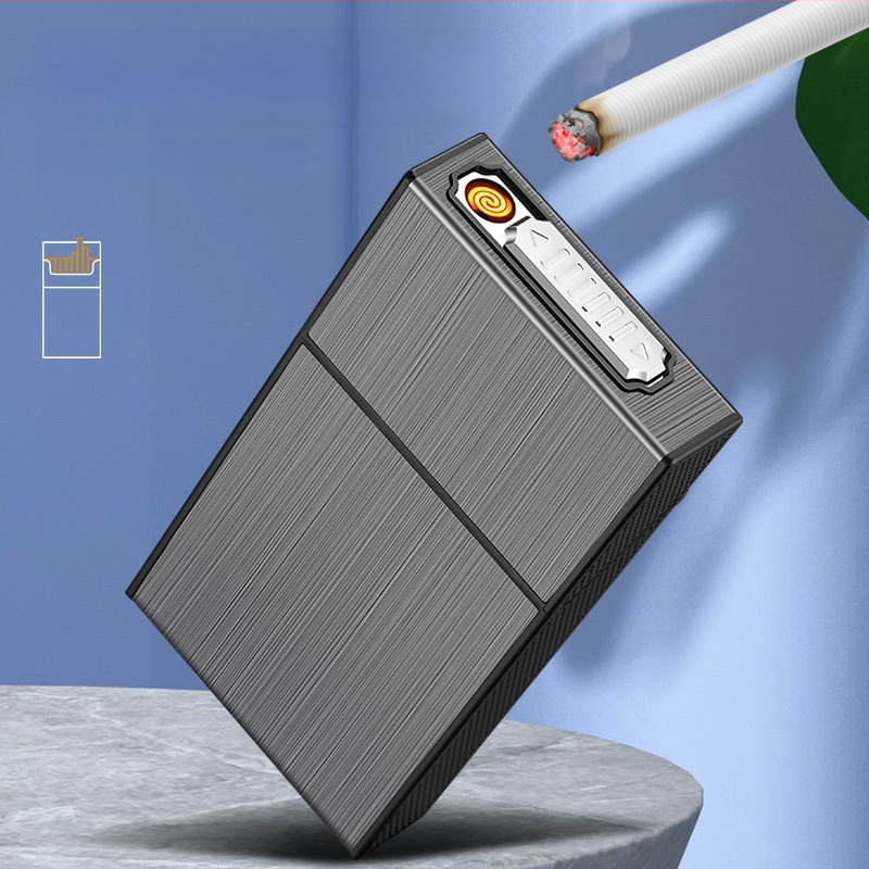 Hlinírová krabička na cigarety s integrovaným nabíjateľným zapaľovačom, moderný minimalistický štýl, gravírovanie/logo na prispôsobenie, ideálny darček k narodeninám, na nový domov alebo firemné dary