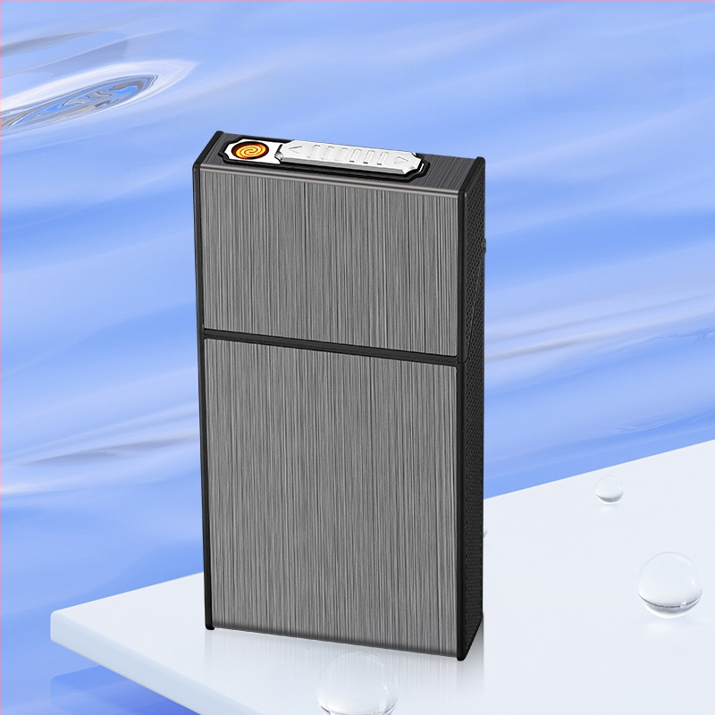 Hlinírová krabička na cigarety s integrovaným nabíjateľným zapaľovačom, moderný minimalistický štýl, gravírovanie/logo na prispôsobenie, ideálny darček k narodeninám, na nový domov alebo firemné dary