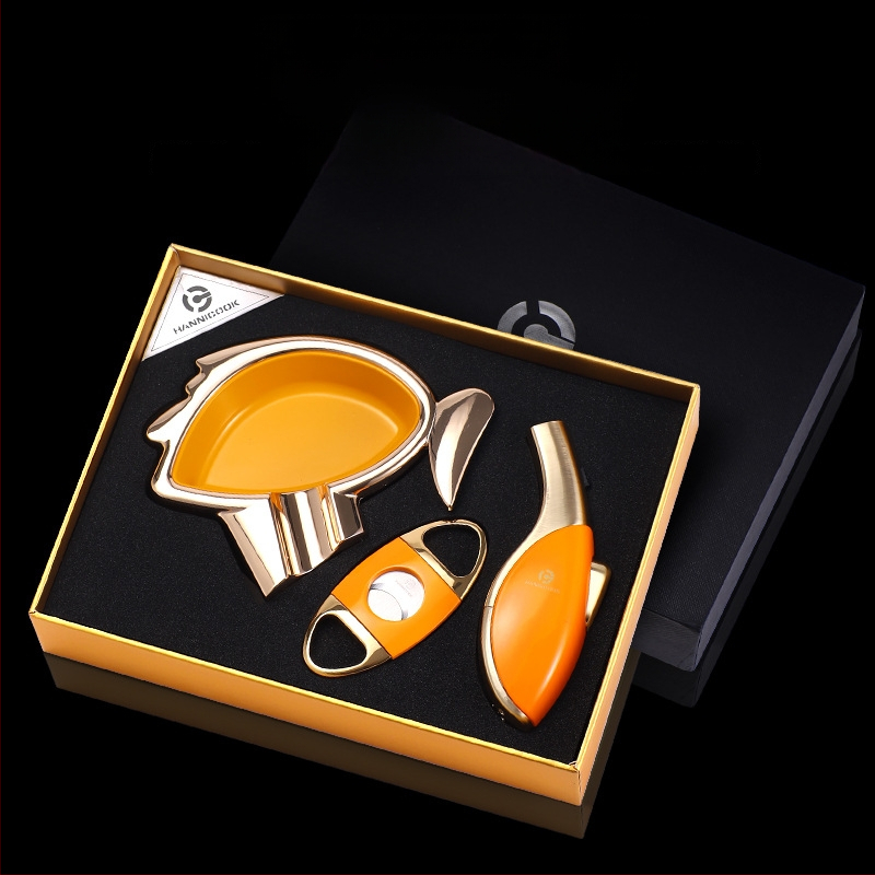 Trojdielny set na cigarety: nožnice na cigarety, zapaľovač a popolník — laserový povrch, zliatina zinku, ručne vyrobené, HANNICOOK