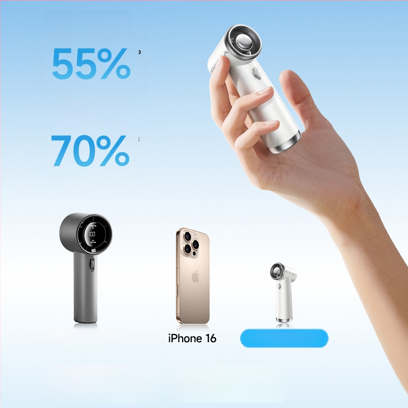 Ručný bezlopatový ventilátor s vstavanou batériou 2000–4000 mAh, BLDC motor, 3 rýchlosti, hmotnosť 105 g