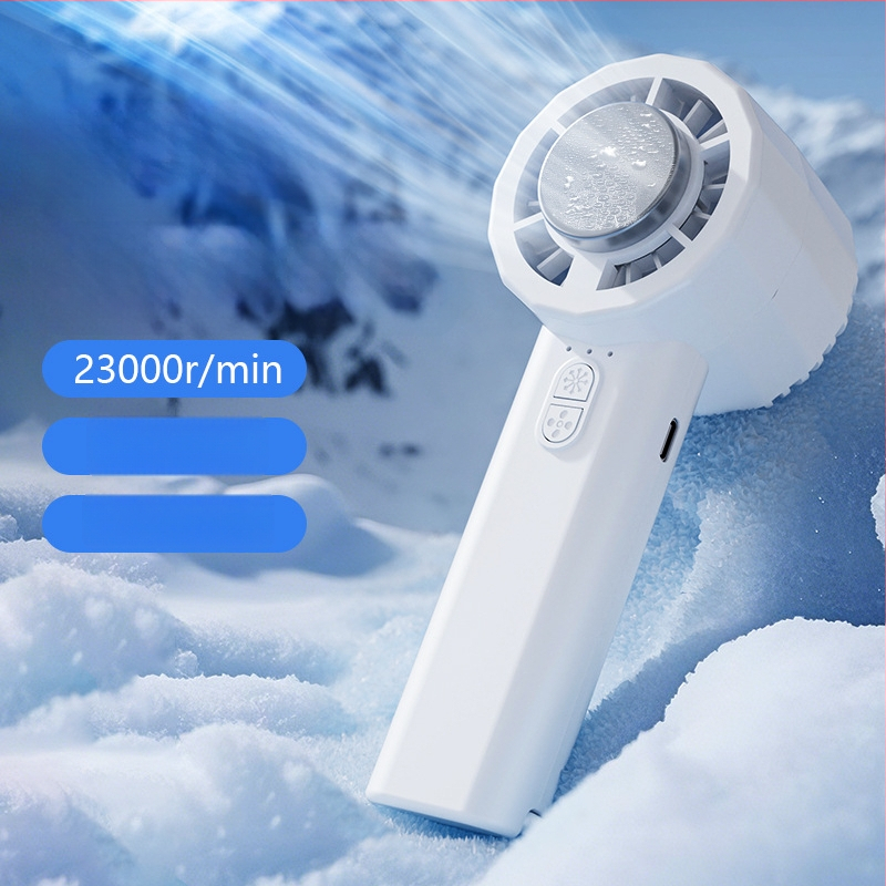 Käepärane jahutusventilaator sisseehitatud akuga 1200–2000 mAh, 6+ labad, harjeldeta mootor, USB laadimine, 3 kiirust, müratase ≤36 dB, termoelektriline jahutus.