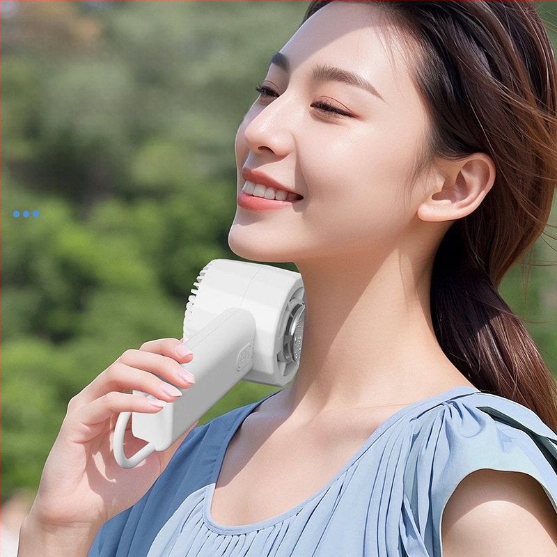 Käepärane jahutusventilaator sisseehitatud akuga 1200–2000 mAh, 6+ labad, harjeldeta mootor, USB laadimine, 3 kiirust, müratase ≤36 dB, termoelektriline jahutus.