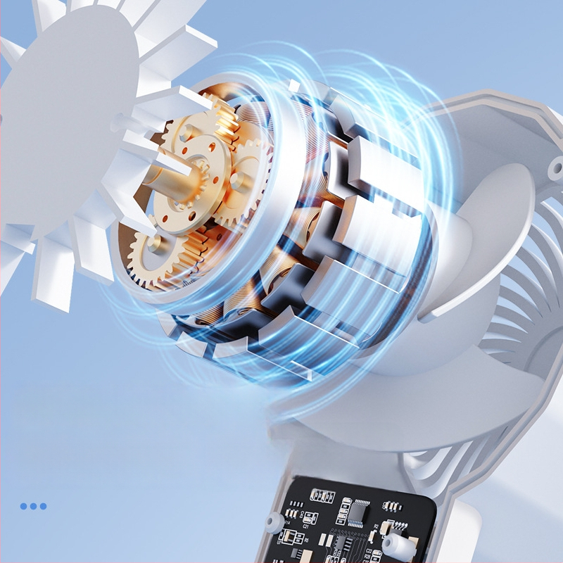 Käepärane jahutusventilaator sisseehitatud akuga 1200–2000 mAh, 6+ labad, harjeldeta mootor, USB laadimine, 3 kiirust, müratase ≤36 dB, termoelektriline jahutus.