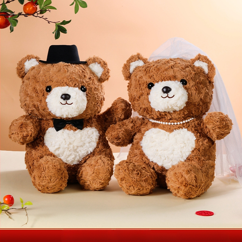 Santuokų pliušinių lėlyčių pora - aukštos kokybės mielos meškiukų pagalvėlės jaunavedžiams - užpildas PP medvilnė, trumpas minkštas pliušas, dovanų dėžutės pakuotė