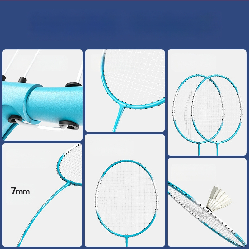 Hanchang sulamiga badmintoniraamiga komplekt algajatele – nailonist nöörid; sisaldab 2 raketit, 3 palli ja 1 kotti; kaal 95–100 g; käepideme paksus G1.