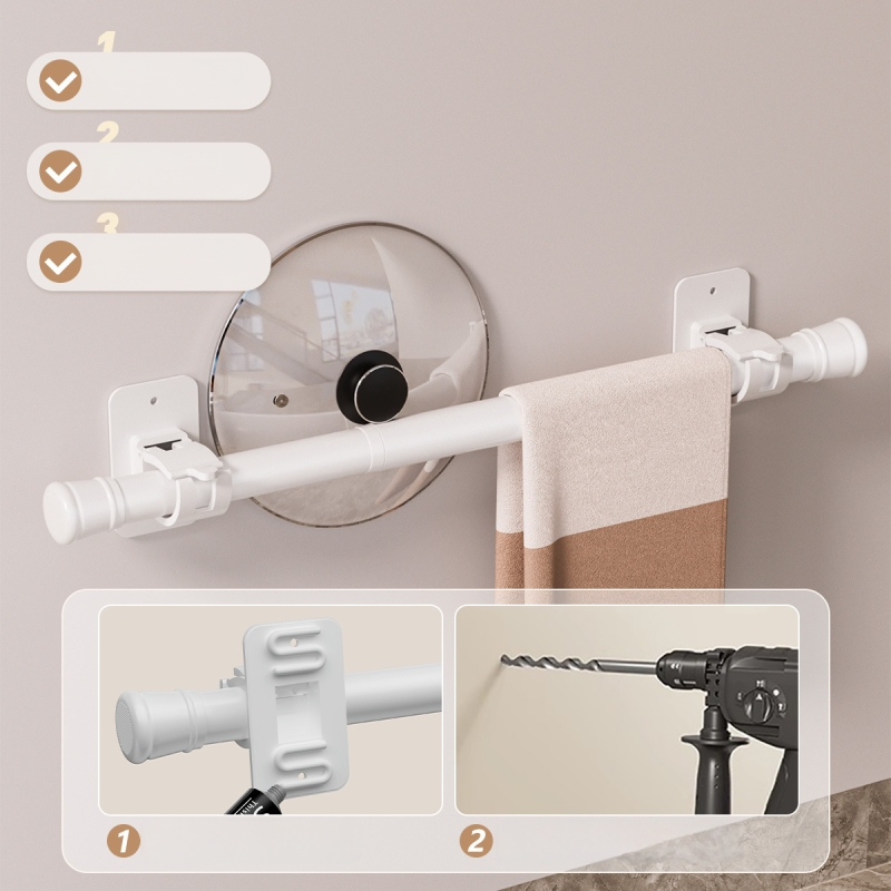 Bez vrtania: Kúpeľňový úložný systém s pevným lepidlom, vysúvacia tyč na uteráky a tyč na sprchový záves